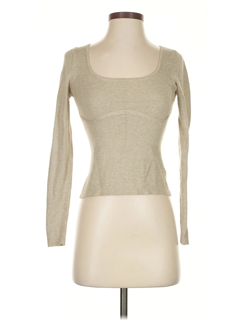 Line & Dot Long-Sleeve Scoop Neck Women’s Top in Beige